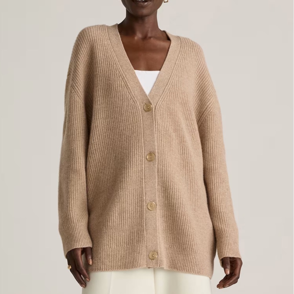 Quince Mongolian Cashmere Oversized Boyfriend Cardigan Sweater - Oatmeal